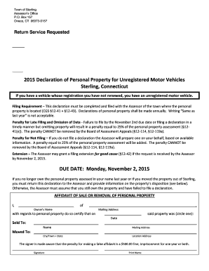 2015 Connecticut Unregistered Motor Vehicle Declaration
