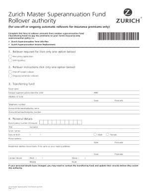 Zurich Superannuation Rollover Authority Form