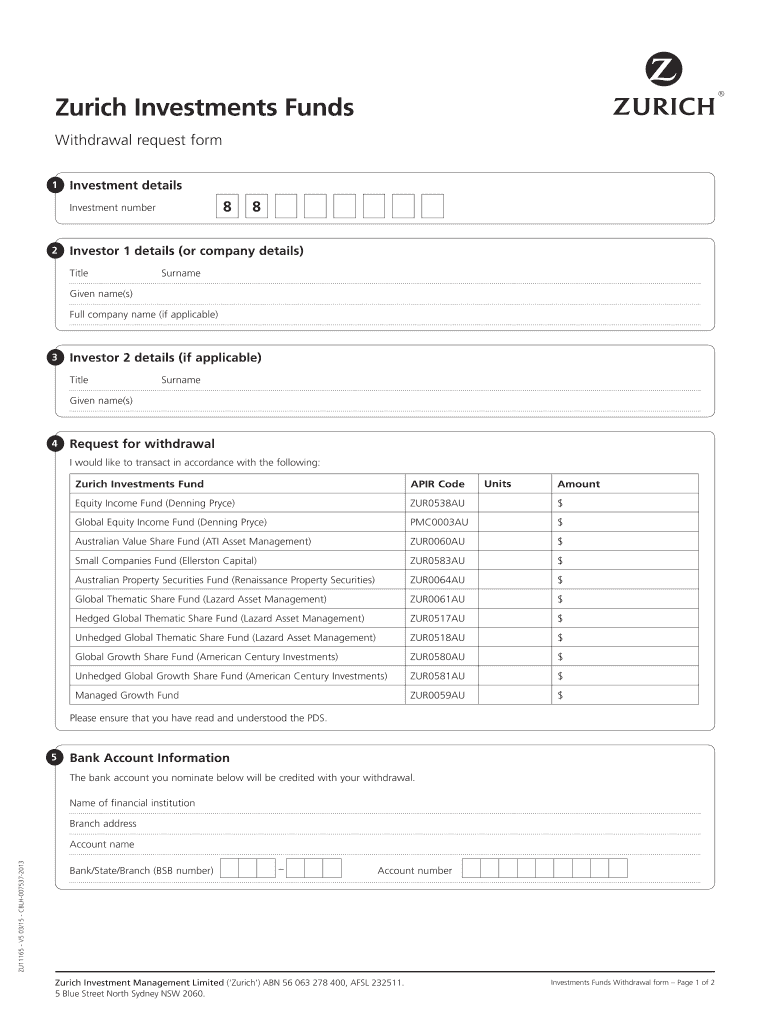 Fillable Online Zurich Investments Funds Withdrawal request form Fax