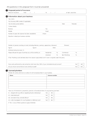 Zurich Plumbers Liability Insurance Proposal Form