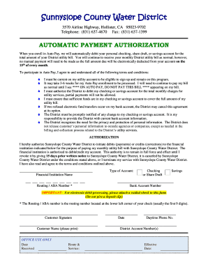 Sunnyslope County Water District Auto Pay Authorization