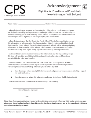Acknowledgement Form for Meal Eligibility