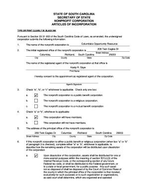South Carolina Nonprofit Articles of Incorporation