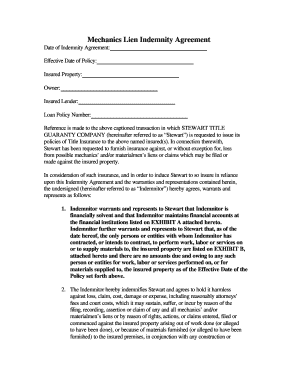 Mechanics Lien Indemnity Agreement