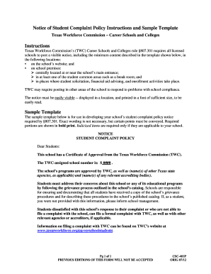 Texas Student Complaint Policy Notice