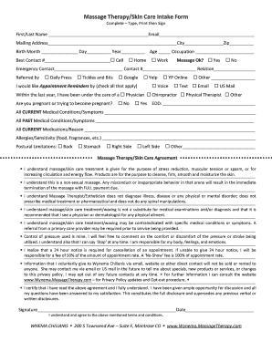 Massage Therapy/Skin Care Intake Form