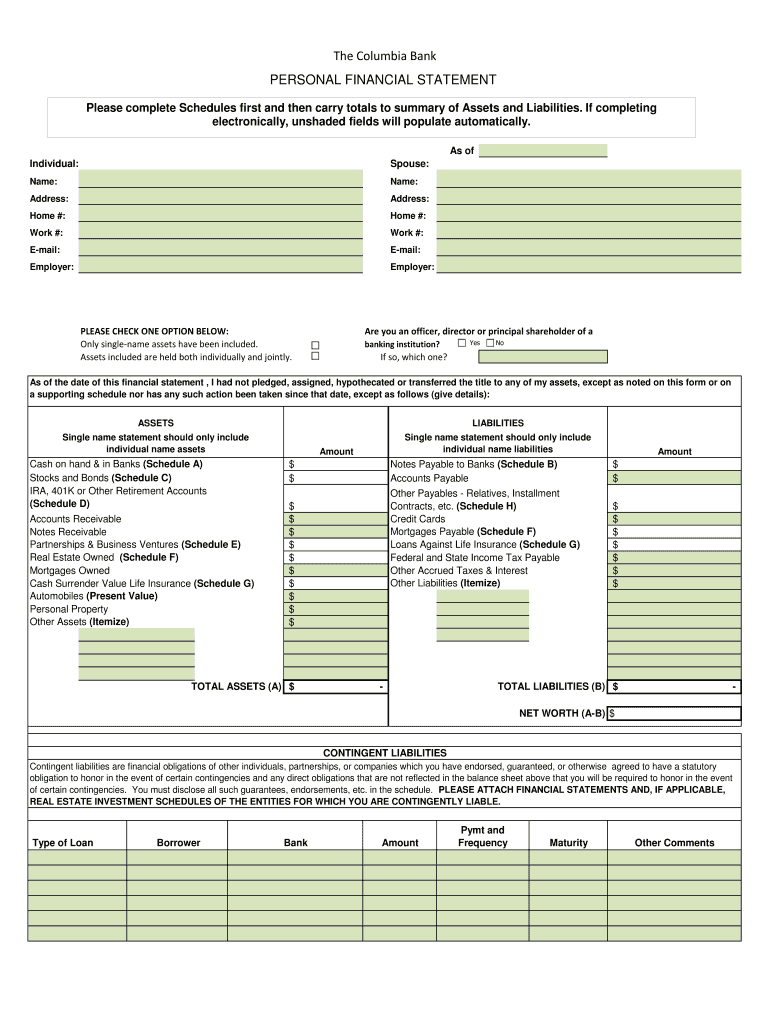 columbia bank personal financial statement form Preview on Page 1