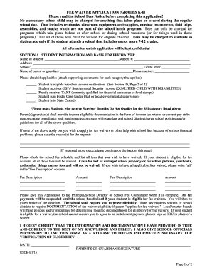 Fee Waiver Application for Elementary School