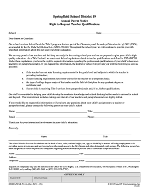 Annual Parent Notice Right to Request Teacher Qualifications