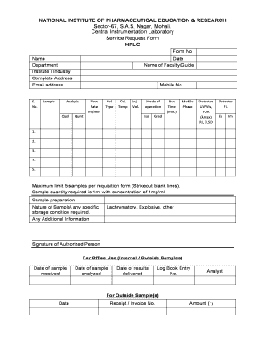 Service Request Form for HPLC Analysis