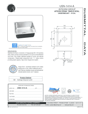 USN-1414-A Integra Drain Single Bowl Sink Specification