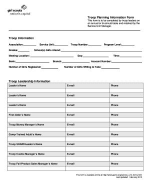 Girl Scouts Troop Planning Information Form