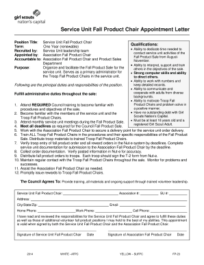 Service Unit Fall Product Chair Appointment Letter