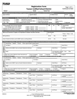 Tucson Unified School District Student Registration Form