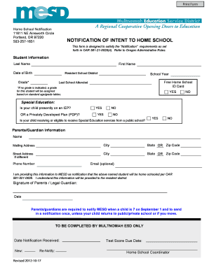 Oregon Home School Notification Form