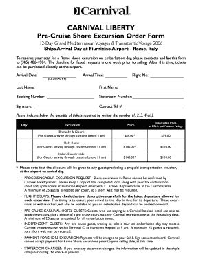 Carnival Liberty Rome Shore Excursion Order Form