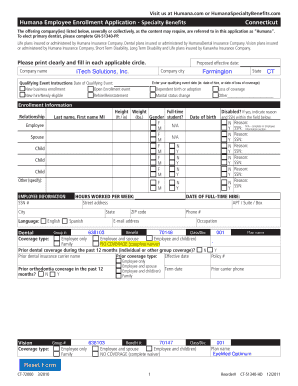 Humana out of network vision claim form - Humana Employee Enrollment bApplicationb - Specialty Benefits bb