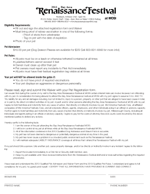 Bay Area Renaissance Festival Pet Registration and Waiver