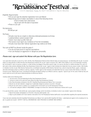 Bay Area Renaissance Festival Pet Registration and Waiver