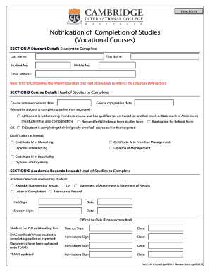 Notification of Completion of Studies