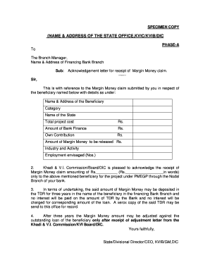 Acknowledgement Letter for Margin Money Claim