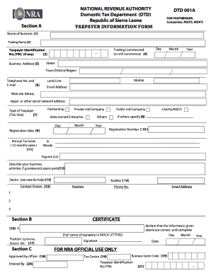 Sierra Leone Domestic Taxpayer Information Form