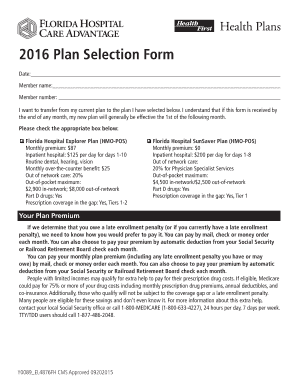 2016 Florida Hospital Care Advantage Plan Selection Form
