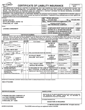 Certificate of Liability Insurance