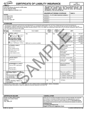 Certificate of Liability Insurance