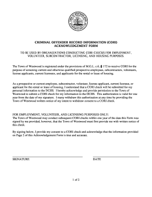 Criminal Offender Record Information (CORI) Acknowledgement Form