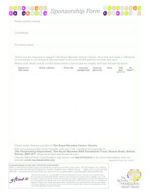 Sponsorship Form for The Royal Marsden Cancer Charity