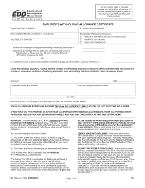 California DE 4 Withholding Allowance Certificate