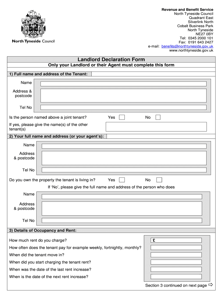 Fillable Online Landlord Declaration Form North Tyneside Council Fax