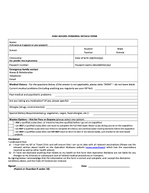 High School Personal Details Form