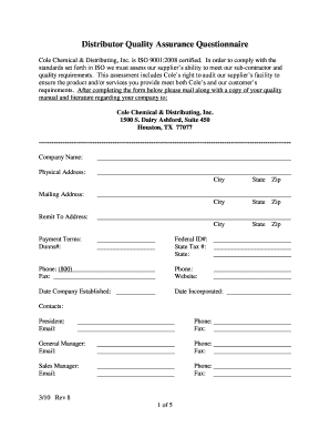 Distributor Quality Assurance Questionnaire