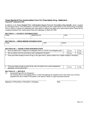 Texas Prior Authorization Form for Oxycontin