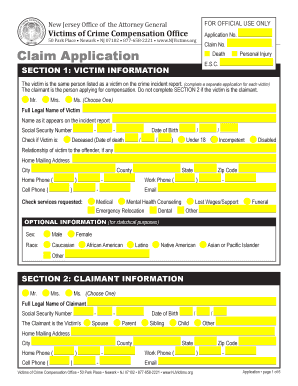 New Jersey Victims of Crime Compensation Claim Application