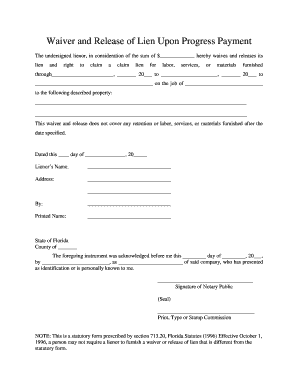 Waiver and Release of Lien Upon Progress Payment