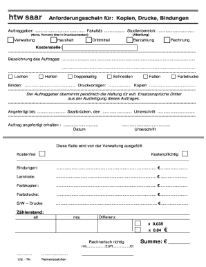 Anforderungsschein für Kopien, Drucke, Bindungen