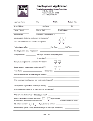 Employment Application for Animal Rescue Foundation