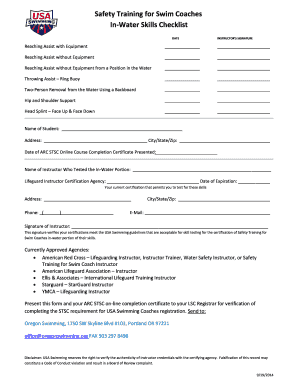 Safety Training for Swim Coaches In-Water Skills Checklist