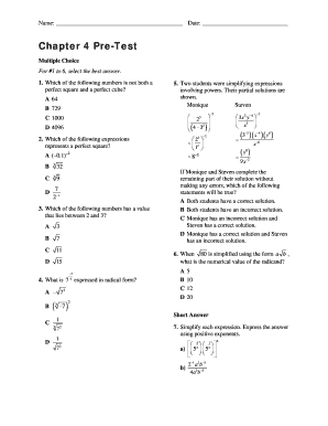 Chapter 4 Pre-Test Mathematics Assessment