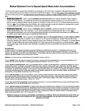 Medical Statement Form for Special Meals and Accommodations