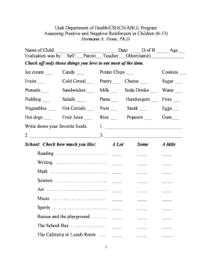 Utah Child Reinforcer Assessment Form