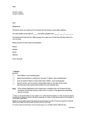 Notice of rent increase handwritten template Residential Tenancies Act 1986 - section 241