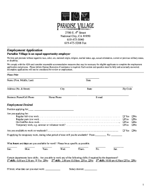Paradise Village Employment Application