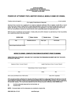 Florida Power of Attorney for Motor Vehicle