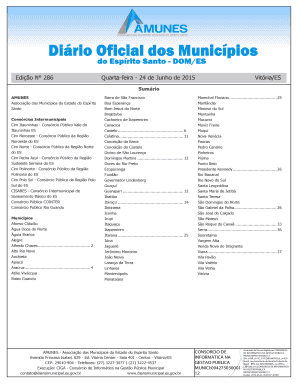 Edio N 286 Quartafeira 24 de Junho de 2015 Vitria/ES Sumrio AMUNES Associao dos Municpios do Estado do Esprito Santo Consrcios Intermunicipais Cim Itauninhas Consrcio Pblico Vale do Itauninhas ES Cim Noroeste Consrcio Pblico da Regio - - -