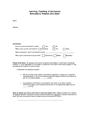 Supplemental Personal Data Sheet for Teacher Certification