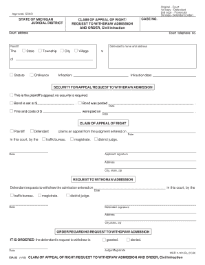 Michigan Claim of Appeal of Right and Request to Withdraw Admission